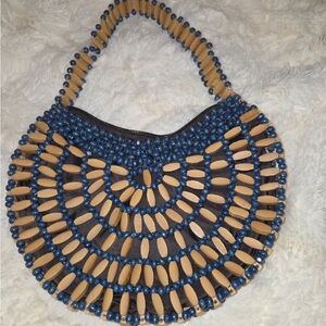Stylish Blue and Tan Beaded Women's Bag
